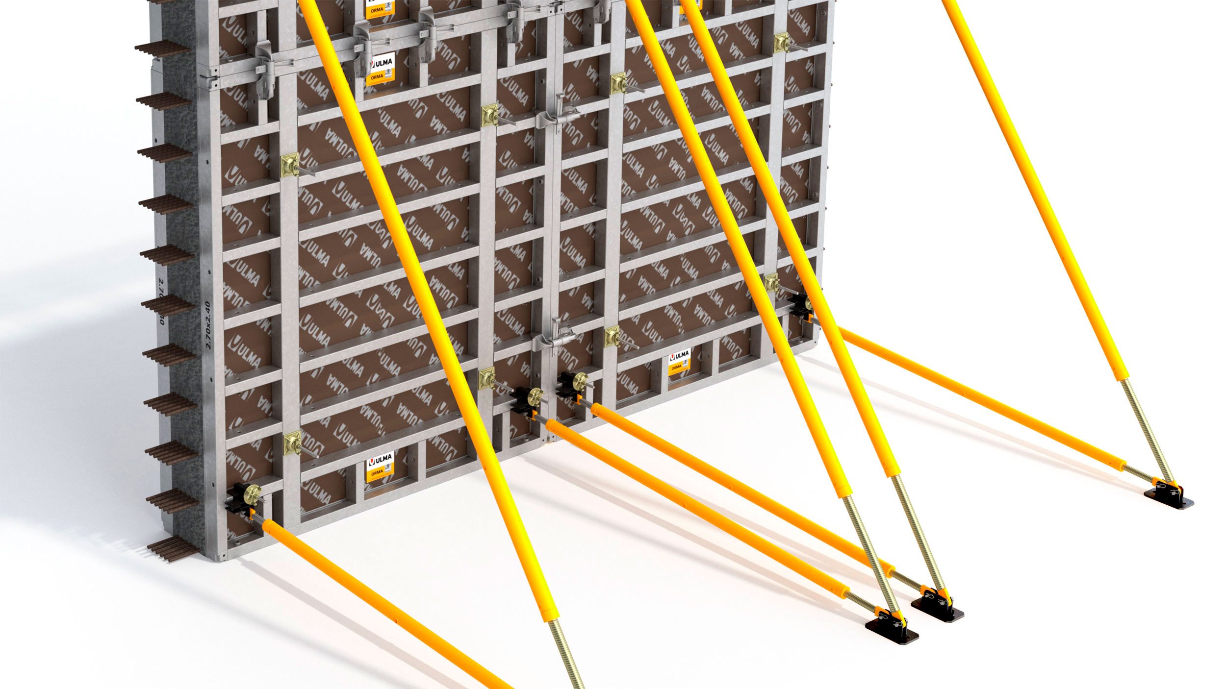 Dispositivi di sicurezza, fissaggio e ancoraggio per sistemi di casseforme per pareti e pilastri.