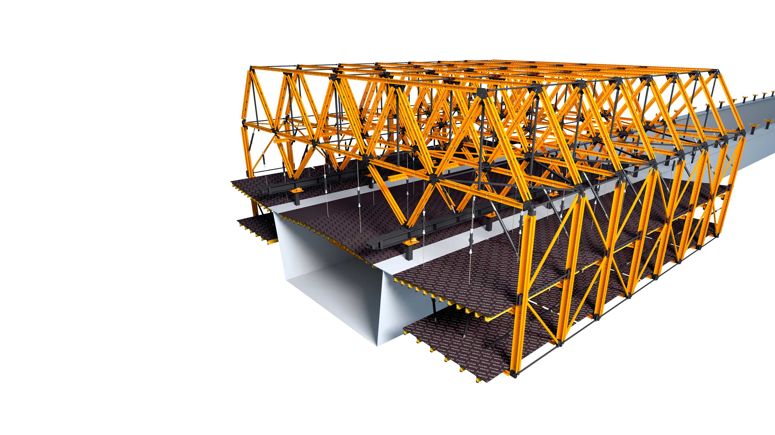 Carro per casseforme per ponti in acciaio composito e ponti in calcestruzzo parzialmente prefabbricati. Punti di forza: configurabile per ogni progetto. Permette di eseguire cicli di lavoro veloci.