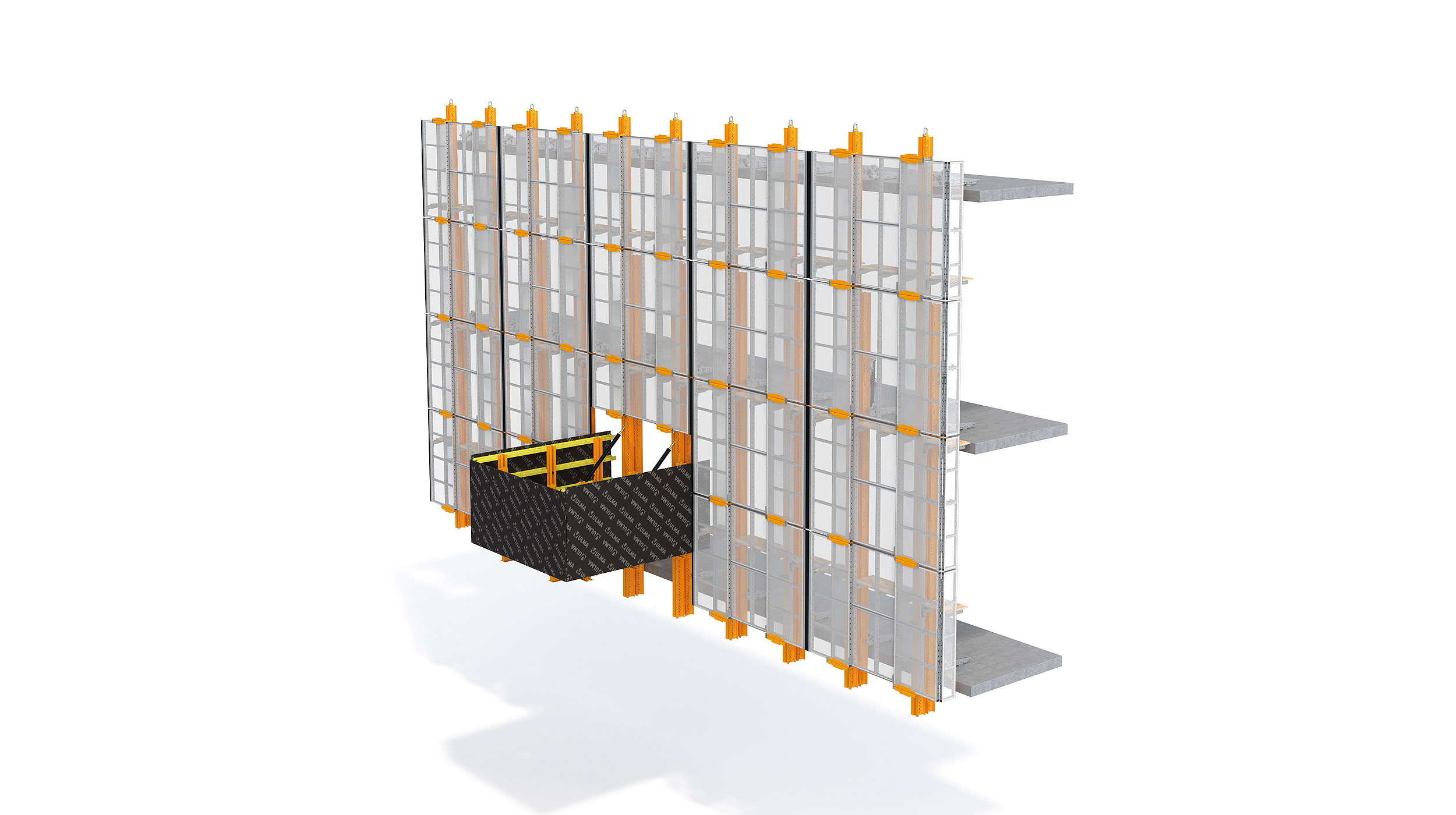 Schermo di protezione perimetrale estremamente flessibile che si adatta a qualsiasi esigenza di geometria e configurazione dell'edificio. Progettato per edifici alti, il sistema può essere idraulico o con gru.