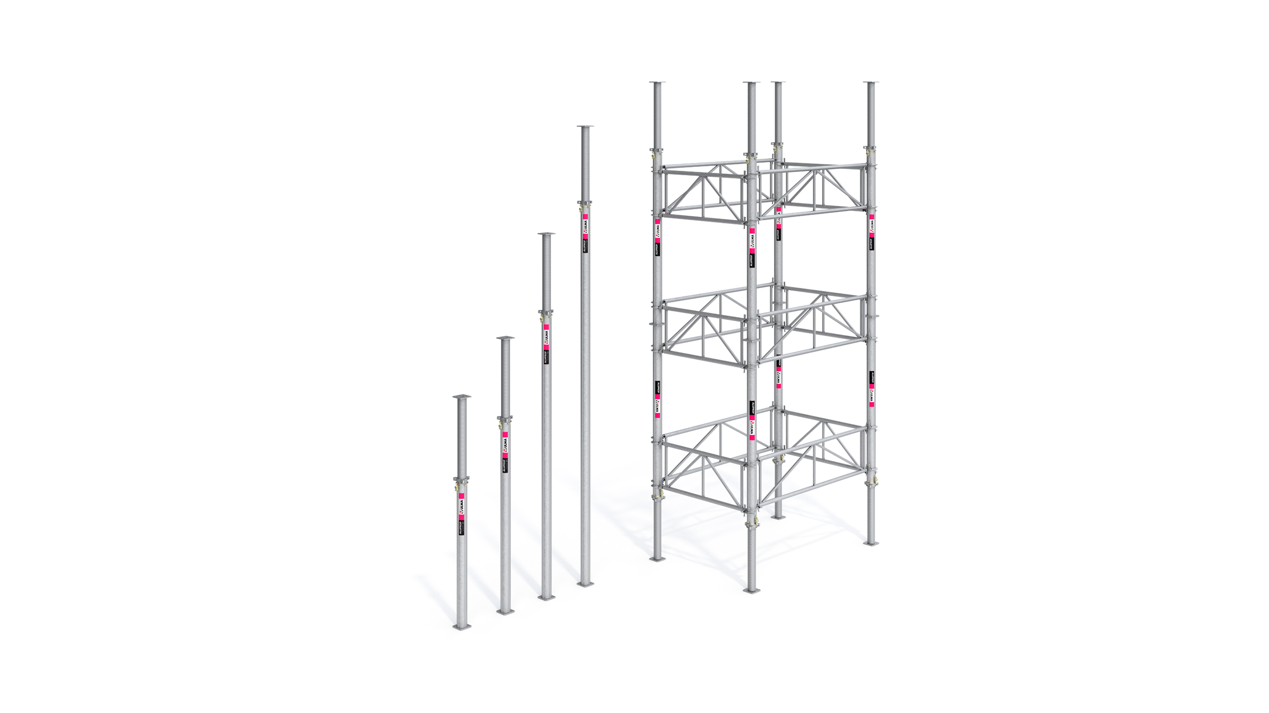 Sistema di puntellazione certificato per carichi pesanti. Punti di forza: componenti leggeri e configurazioni per torre fino a 12 m.