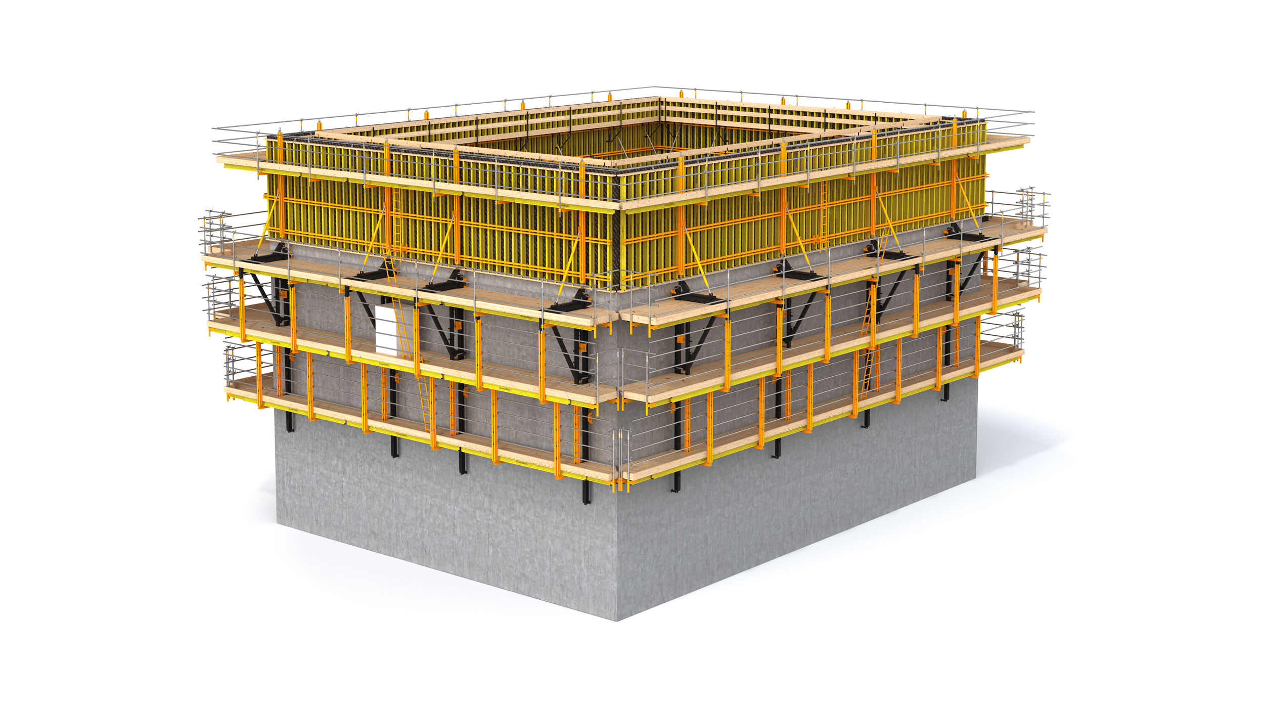 Sistema autorampante che non necessita dell’utilizzo della gru. Consente un'elevata velocità di costruzione e offre applicazioni molteplici per qualsiasi progetto di edifici alti. Sollevamento e movimentazione sicuri.